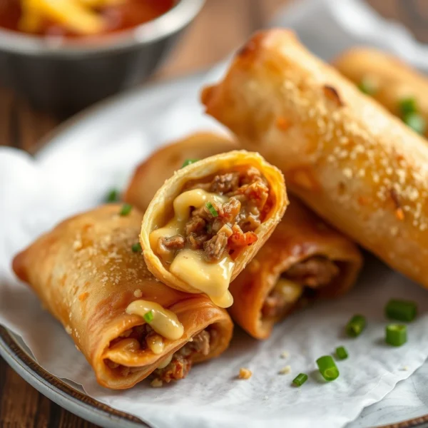 Philly Cheesesteak Eggrolls Crispy eggrolls stuffed with savory Philly cheesesteak filling, a perfect blend of beef and melted cheese.